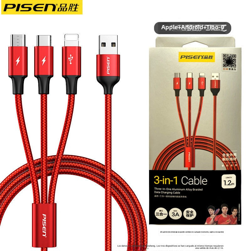 Cable de datos 3 en 1 Pisen de aleación de aluminio: Compatible con iPhone/Android y teléfonos TYPE-C
