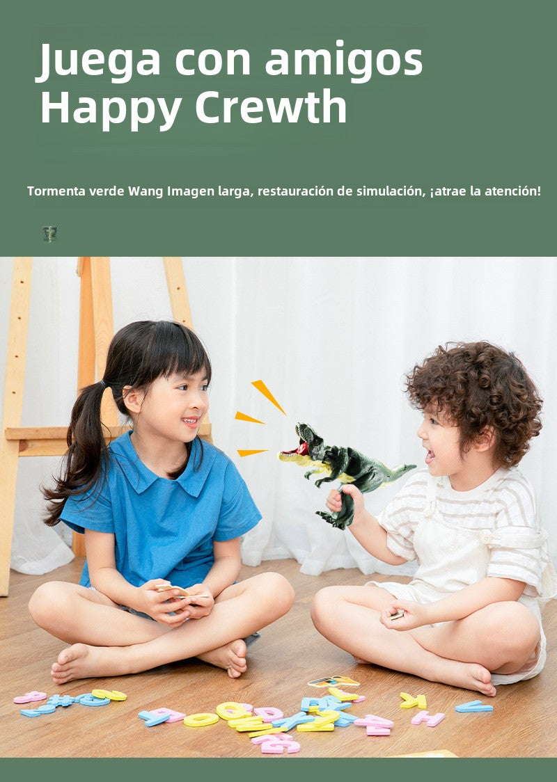 Niños jugando con el dinosaurio T-Rex HD101 en ambiente educativo. Juguete ideal para compartir y fomentar la creatividad.