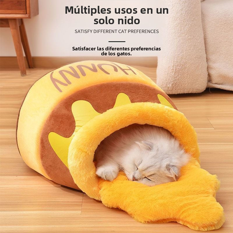 Honey Jar Cat Bed: Warm, Soft, Cute Cartoon Design, All-Season Pet House