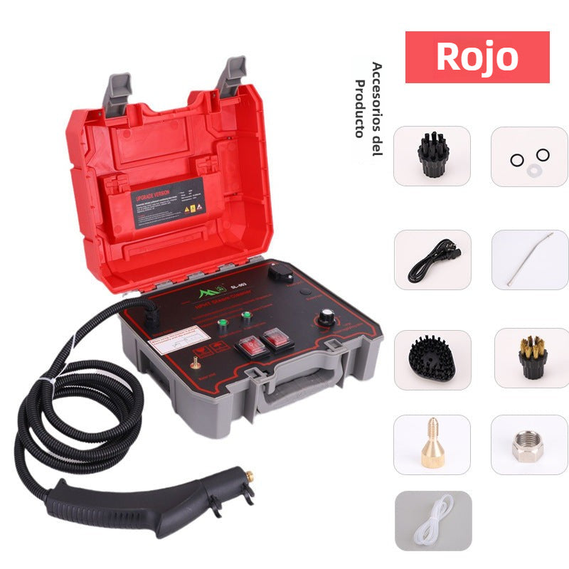 Limpiadora a vapor alta presión roja tipo maletín con accesorios, perfecta para limpieza de interiores, electrodomésticos y superficies difíciles