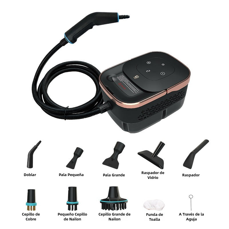 Máquina de limpieza a vapor de alta presión con depósito de 1250 ml y accesorios intercambiables para múltiples superficies del hogar.