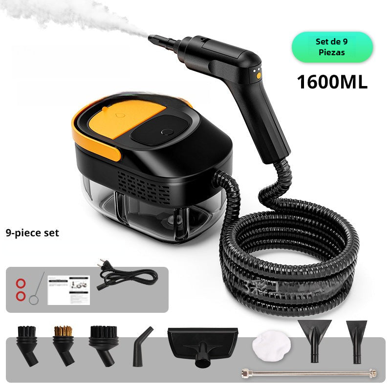 Limpiador de vapor portátil 1600ml en color negro con detalles naranjas, incluye set de 9 piezas para limpieza multifuncional.