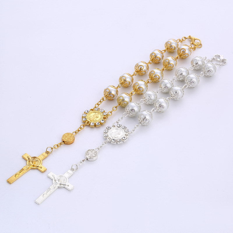 Pulsera de Perlas Sintéticas 10mm con Cruz – Joyeria Religiosa