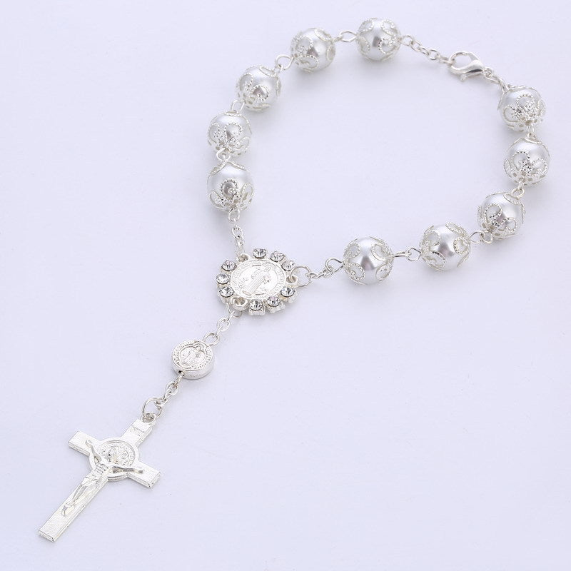 Pulsera de Perlas Sintéticas 10mm con Cruz – Joyeria Religiosa