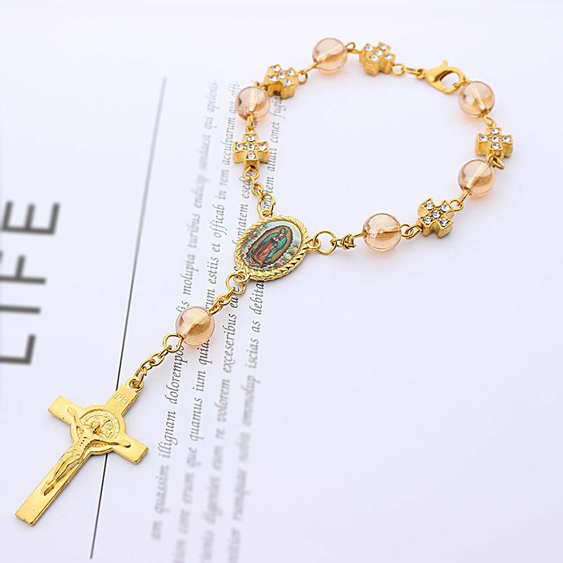 Pulsera Religiosa Virgen del Carmen con Dije de Cruz – Recuerdo de Bautizo o Primera Comunión