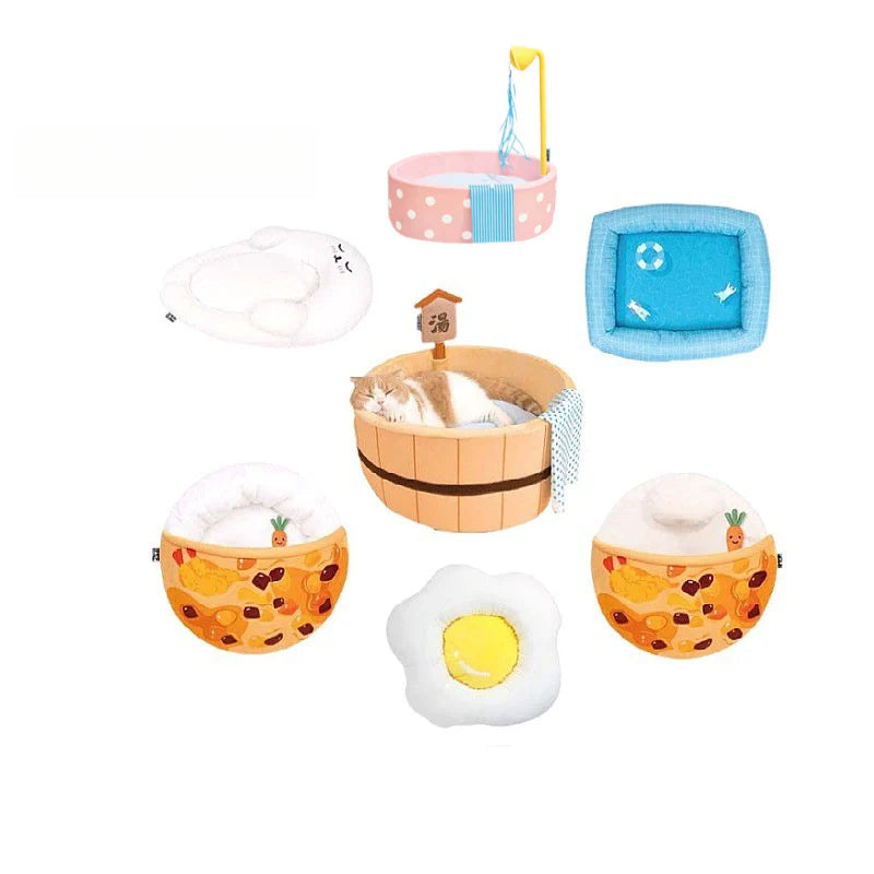 Cama antiestrés para mascotas con diseño de huevo frito, termal y curry – Original y divertida