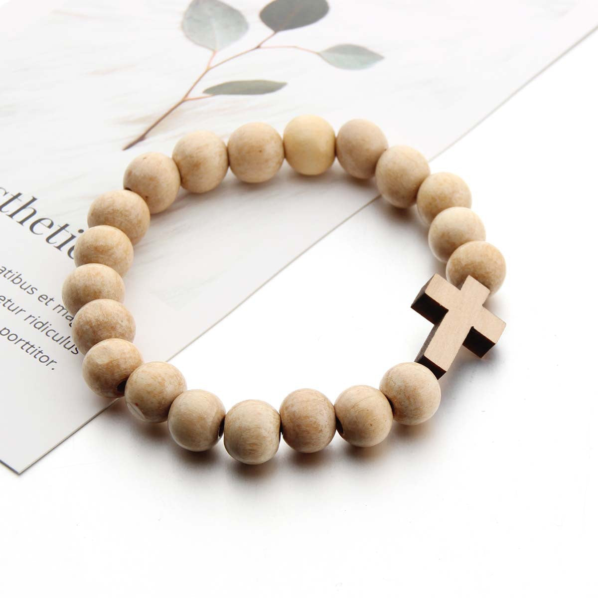 Pulsera de cuentas de madera natural: pulsera de madera marrón con cruz y colgante de madera