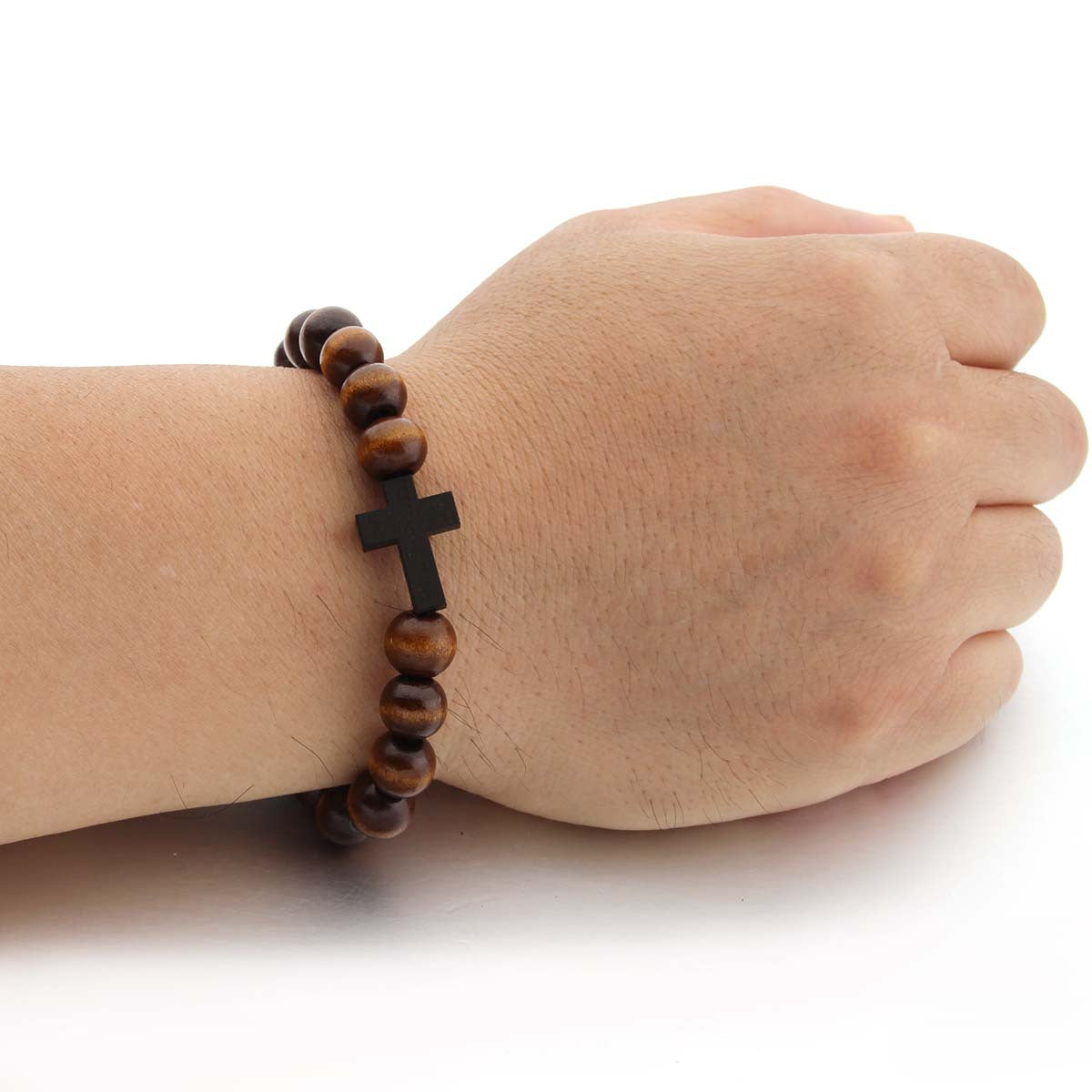 Pulsera de cuentas de madera natural: pulsera de madera marrón con cruz y colgante de madera