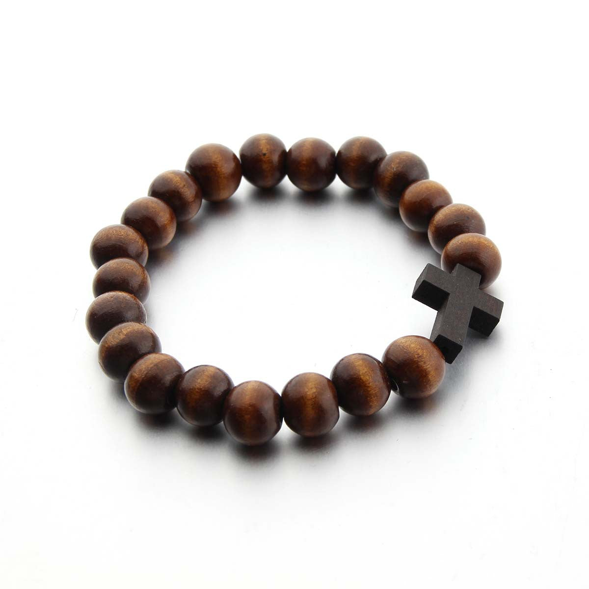 Pulsera de cuentas de madera natural: pulsera de madera marrón con cruz y colgante de madera