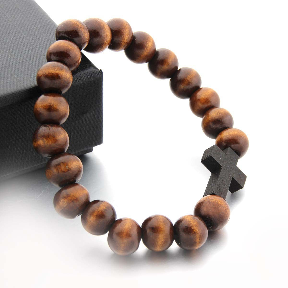 Pulsera de cuentas de madera natural: pulsera de madera marrón con cruz y colgante de madera