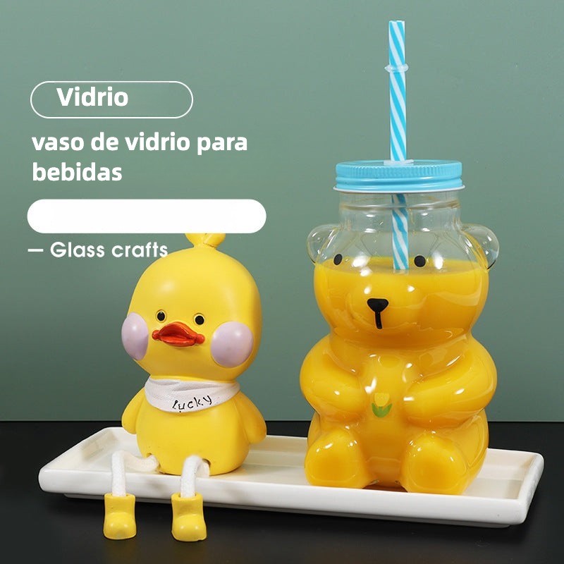 Vaso de vidrio con Forma de Oso  para bebidas frías Con Pajilla