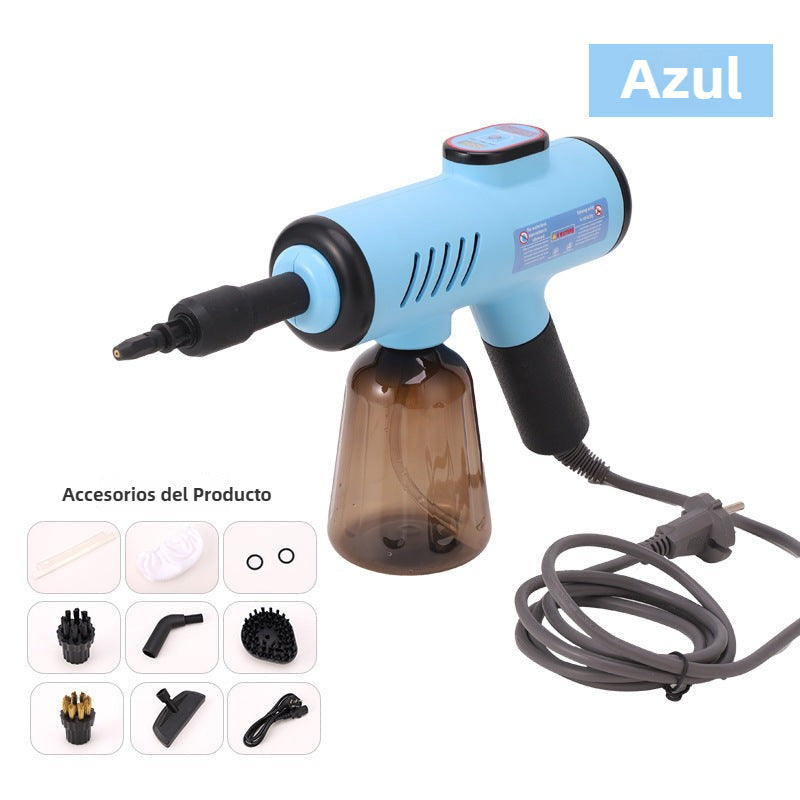 Pistola de vapor portátil azul con pantalla digital y accesorios intercambiables. Limpieza eficaz con vapor a alta presión.