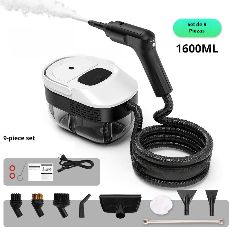 Limpiador de vapor tanque grande 1600ml portátil con manguera flexible y set de 9 accesorios para limpieza profunda del hogar.