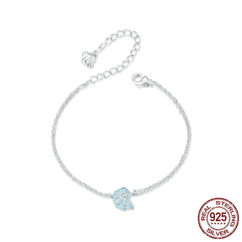 pulsera plata 925 doble cadena con dije caracola azul oceánico