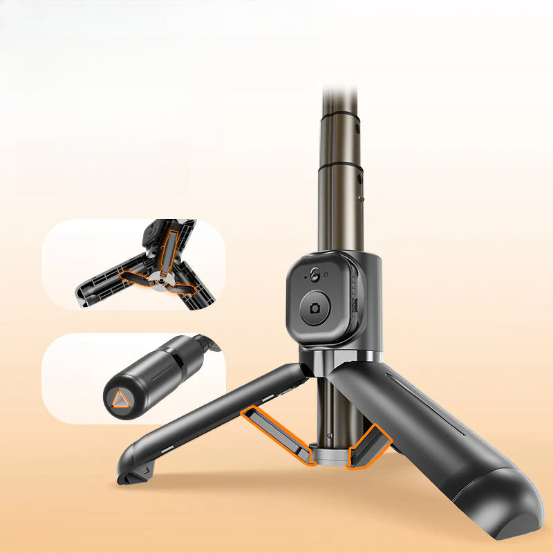 Base del Mini Trípode Selfie Q20 con Bluetooth mostrando su estructura reforzada y botón de control remoto desmontable para mayor estabilidad.