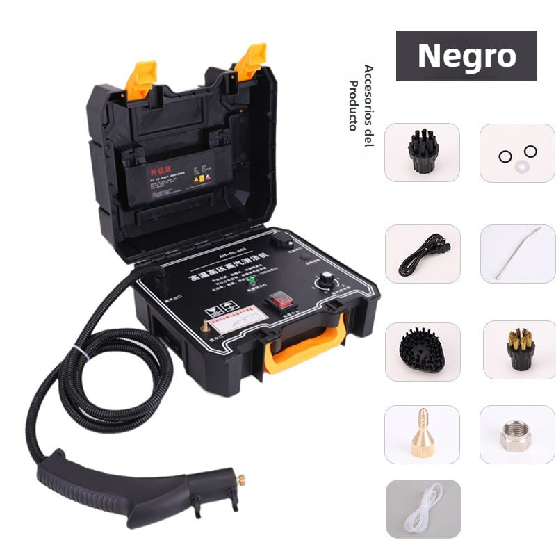 Limpiadora a vapor alta presión negra tipo maletín con accesorios incluidos, ideal para limpieza de tapicería, cocina y baño en el hogar