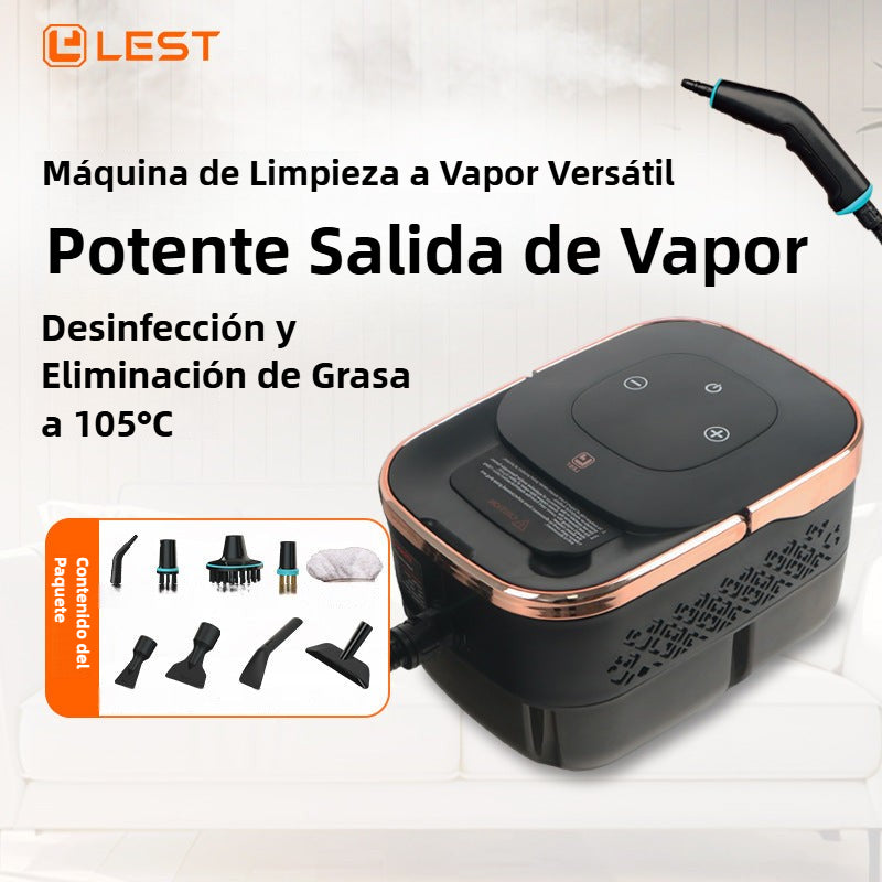 Máquina de limpieza a vapor de alta temperatura con depósito de 1250 ml y múltiples accesorios para desinfección profunda en el hogar.