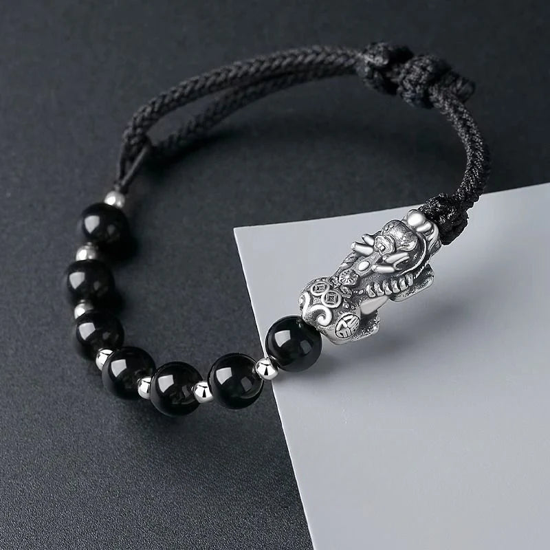 Pulsera de hombre de obsidiana negra con plata: regalo de cumpleaños, trenzado, perlas, atrayendo riquezas