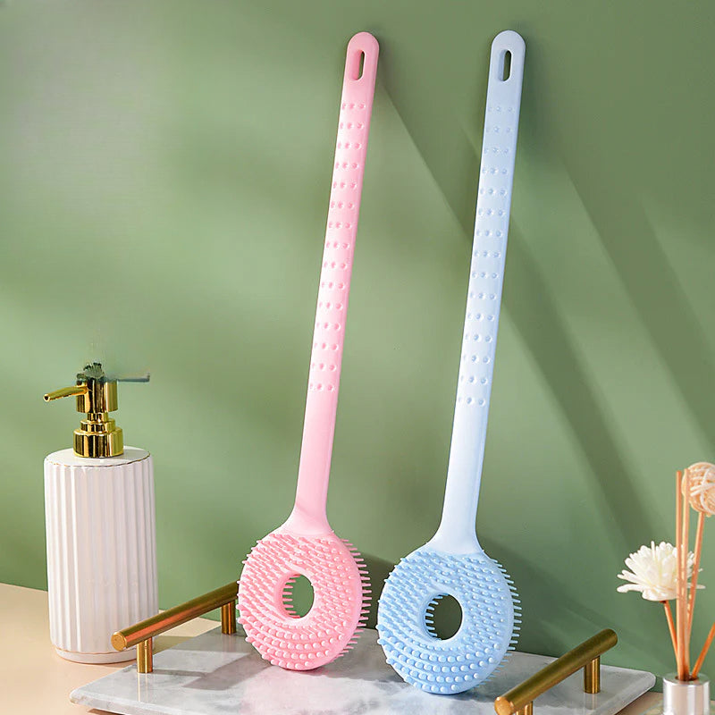 Cepillo de silicona para baño 2 en 1 con mango largo y cerdas suaves para masaje y limpieza corporal en la ducha.