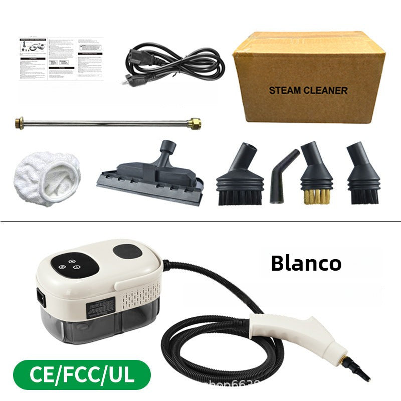 Limpiadora a vapor blanca con accesorios y certificación CE/FCC, ideal para eliminar ácaros y hongos en el hogar sin productos químicos.