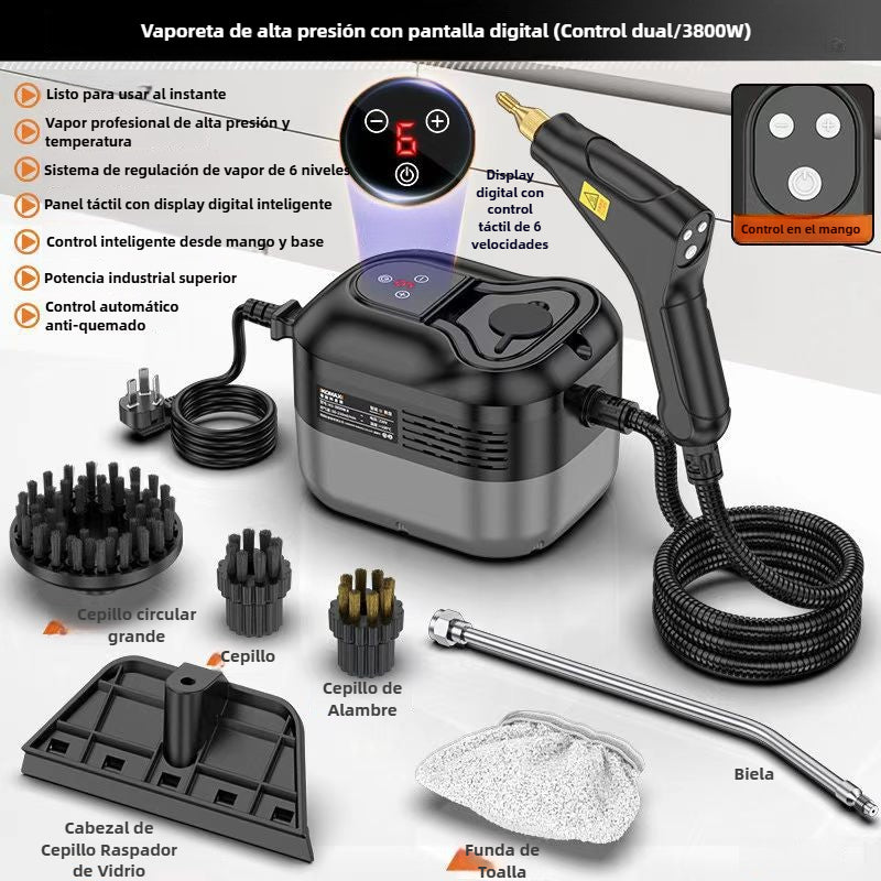 Limpiadora a Vapor Manual – Presión y Temperatura Alta con pantalla digital, 6 niveles y múltiples cepillos para limpieza profunda del hogar