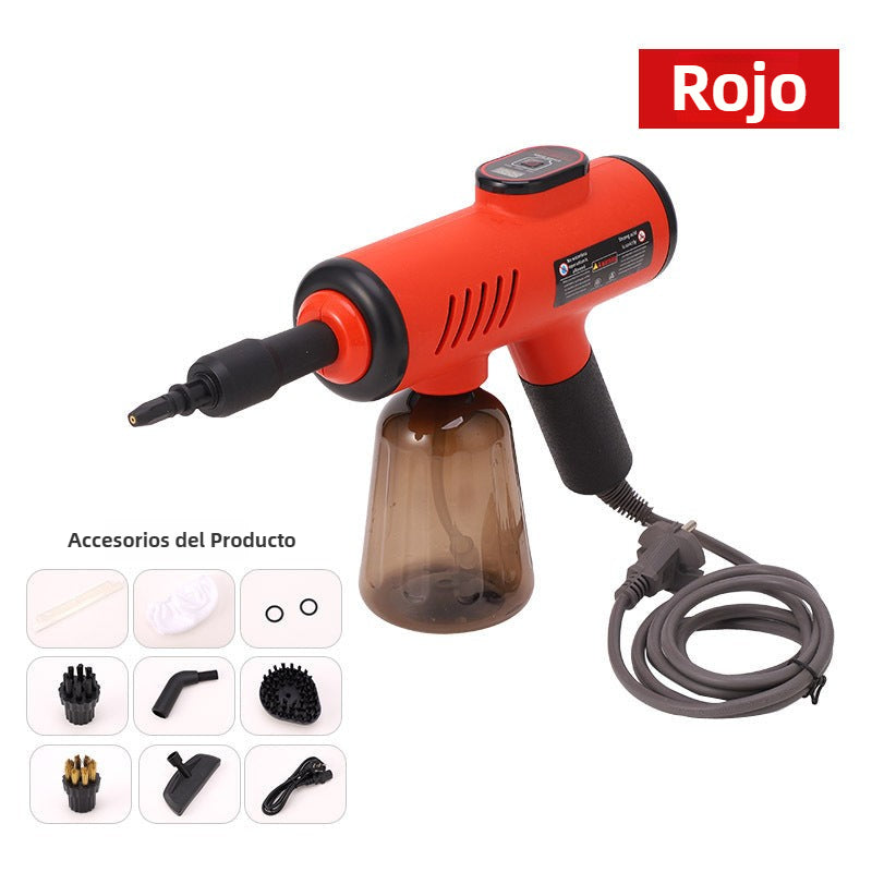 Pistola de vapor portátil roja con pantalla digital y accesorios incluidos. Ideal para limpieza doméstica con alta presión.