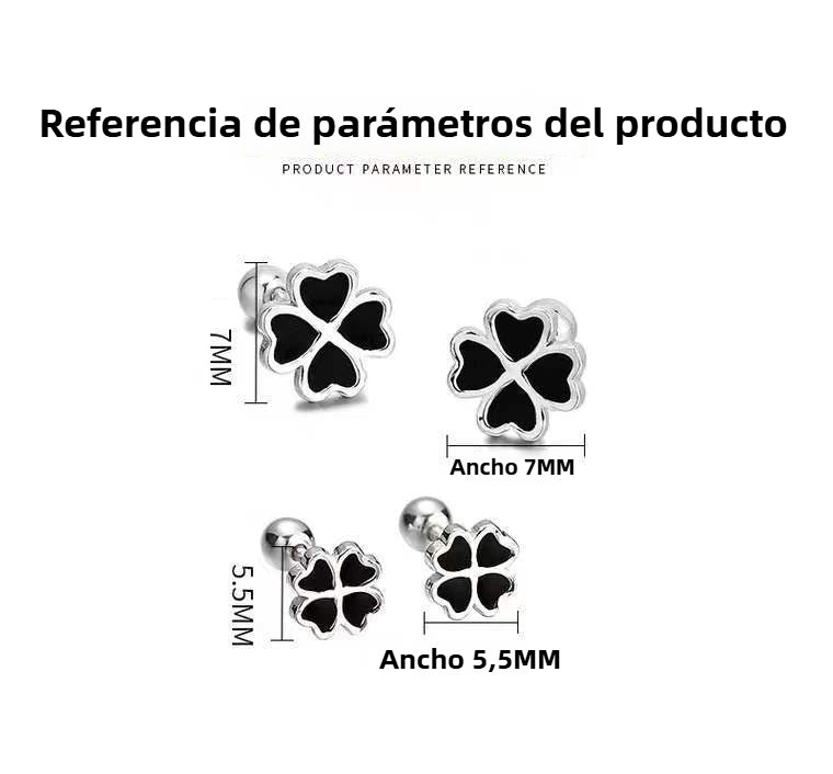Pendiente Botón de Trébol de Cuatro Hojas Negro en Plata S999 – Para Mujer