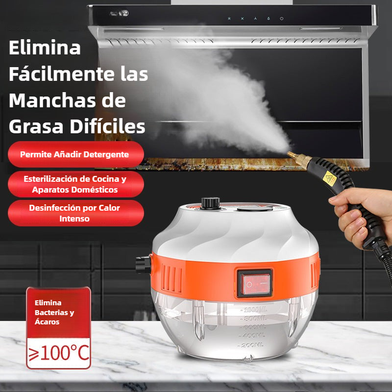 Vaporeta limpiadora doméstica de alta temperatura eliminando grasa en campana de cocina. Vaporeta control remoto 1500W con 5 niveles de vapor.