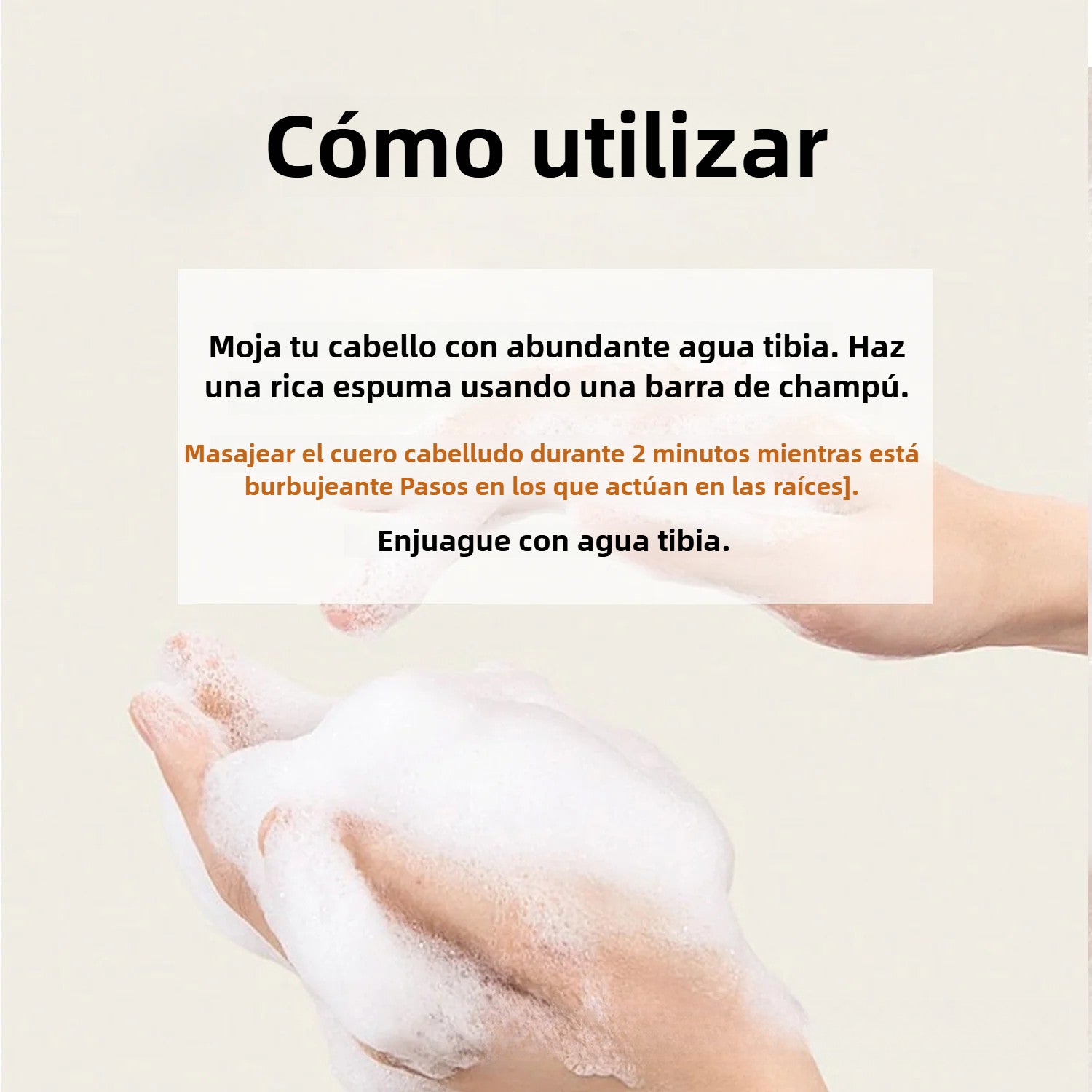 Instrucciones para usar el jabón de arroz para cabello negro: aplicar con agua tibia, masajear el cuero cabelludo y enjuagar para mejores resultados.