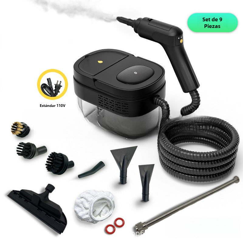 Limpiador de vapor portátil 1600ml en negro con set de 9 piezas y conexión estándar 110V para limpieza doméstica intensiva.