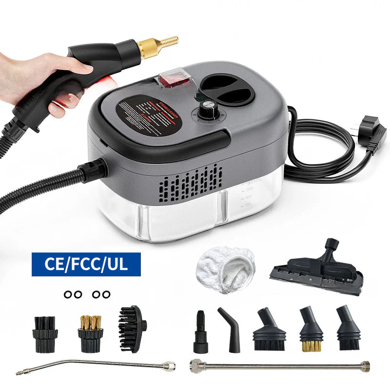 Vaporeta compacta negra 2500W con tanque de 1200ml y accesorios para limpieza a vapor en cocina, baño y suelos