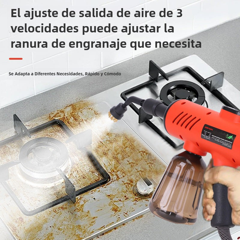 Pistola de vapor portátil con pantalla digital eliminando grasa de estufa. Ideal para limpieza profunda con alta temperatura.