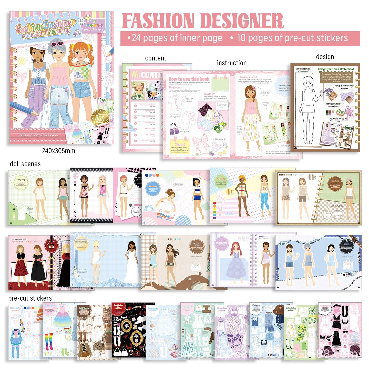 Libro de pegatinas de moda para niñas con diseños de ropa