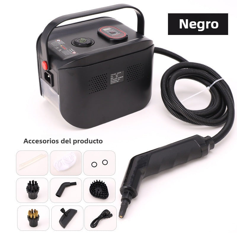 Limpiadora de vapor portátil negra 1500W con pantalla digital y múltiples accesorios para limpieza de cocina, baño y superficies duras.