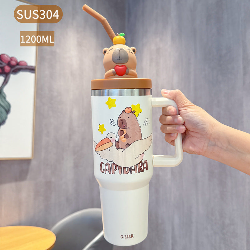 Capybara 316L Straw Thermos Cup: New High-Value Design for Children and Students, Portable Flip-Top Dual-Use Water Cup