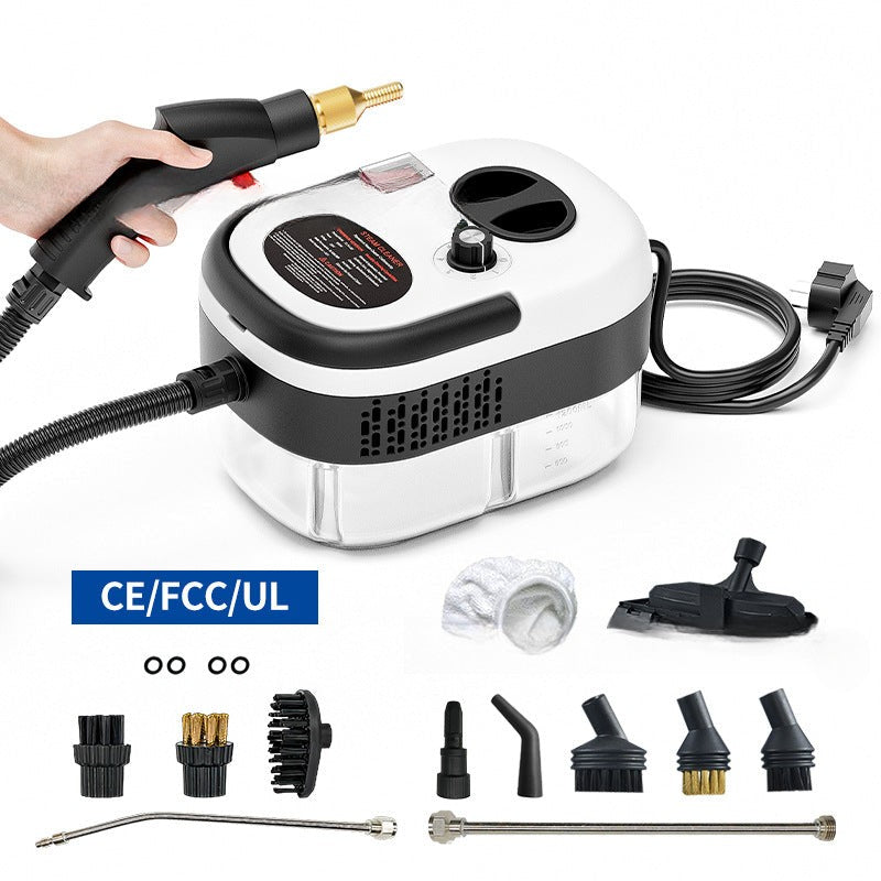 Vaporeta compacta 2500W blanca con certificación CE/FCC/UL y kit completo de accesorios para limpieza profesional del hogar