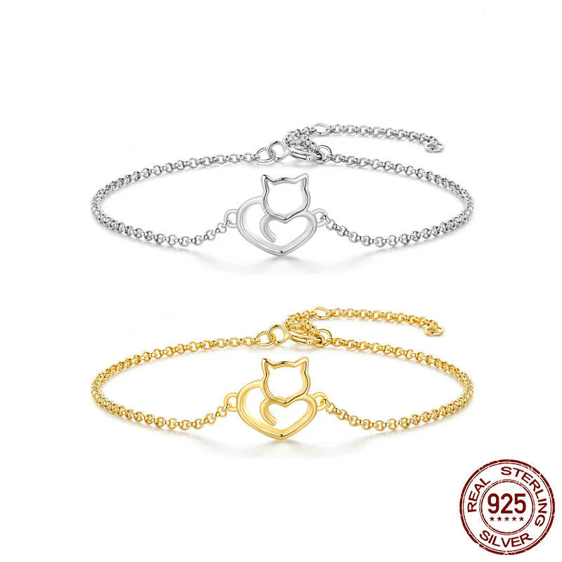 pulsera plata 925 con dije gato y corazón para amantes de felinos
