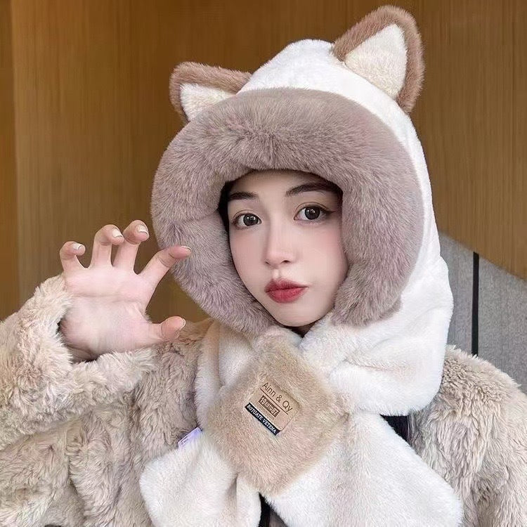 Gorro de Invierno con Orejas y Bufanda Integrada para Mujer Imitación Peluche