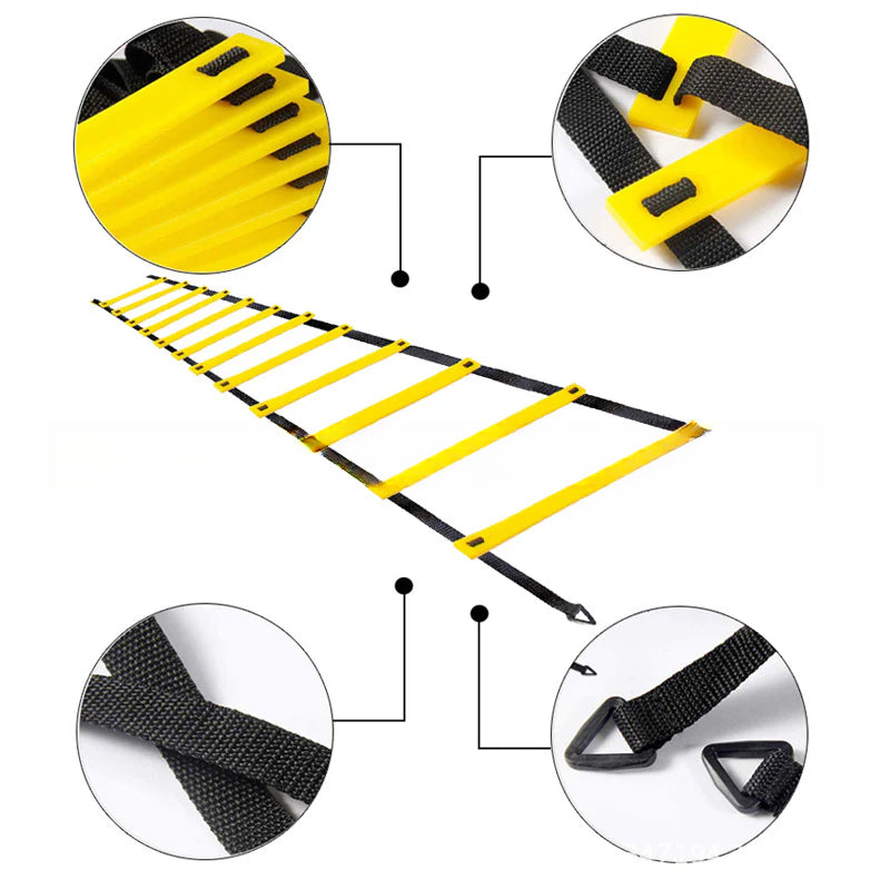 Escalera de agilidad amarilla con detalles de correas ajustables y anclajes. Parte del set de entrenamiento deportivo para velocidad y reacción.