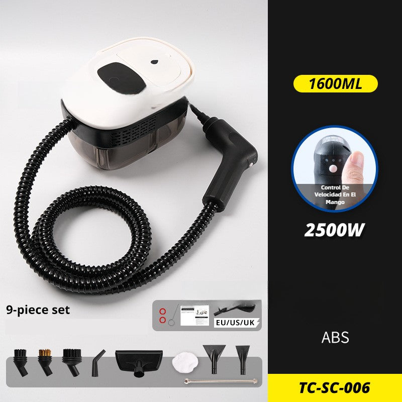Limpiador de vapor portátil 1600ml con control de velocidad en el mango y potencia de 2500W, ideal para múltiples superficies.