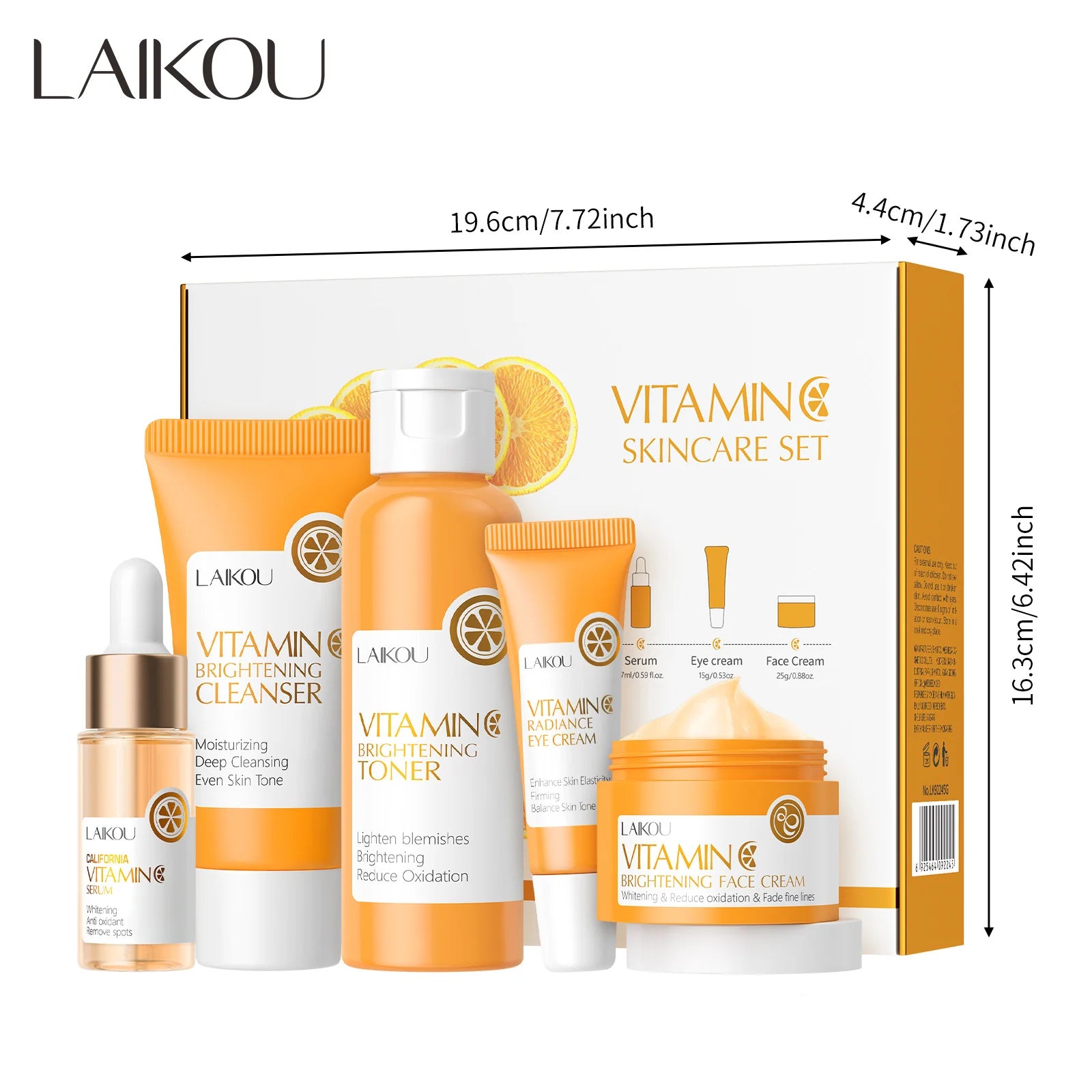 LaiKou Conjunto de Cuidado Facial LAIKOU Vitamina C: 5 Piezas de Gel Limpiador, Tónico, Suero, Crema para Ojos y Crema Hidratante