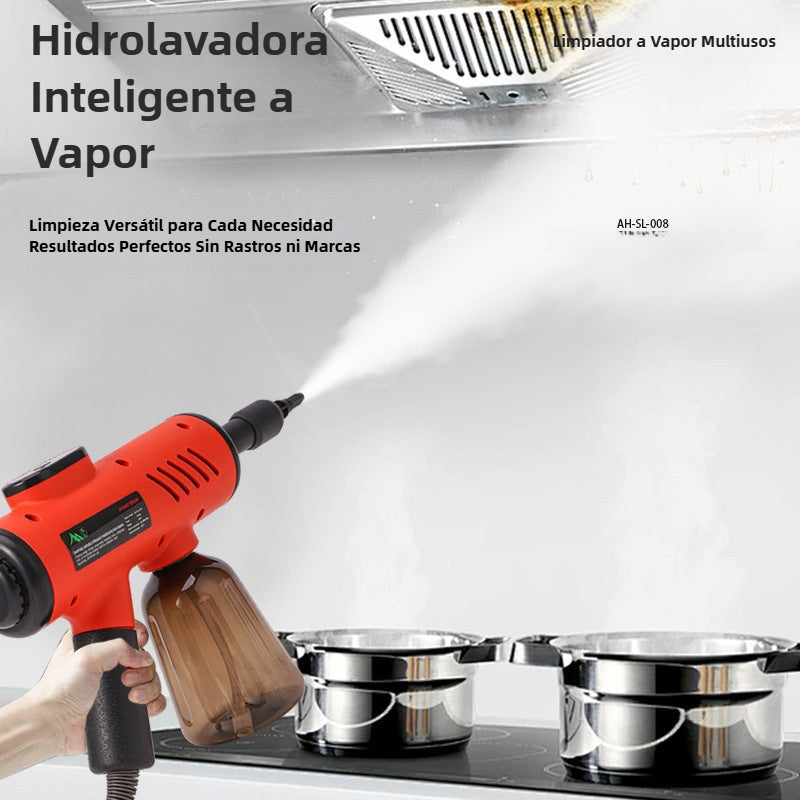 Pistola de vapor portátil con pantalla digital limpiando campana extractora. Limpieza con alta presión para cocina doméstica.