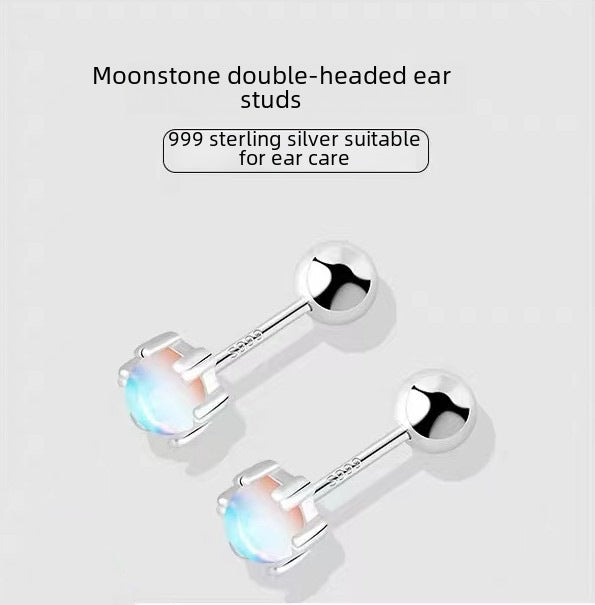 Aretes de Botón con Piedra de Luna en Plata 999 – Diseño Elegante y Sutil para Mujer