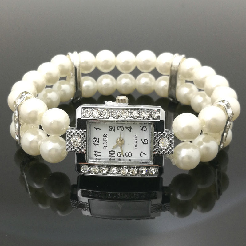 Reloj Femenino de Cuarzo con Pulsera Elástica de Perlas y Piedras Brillantes