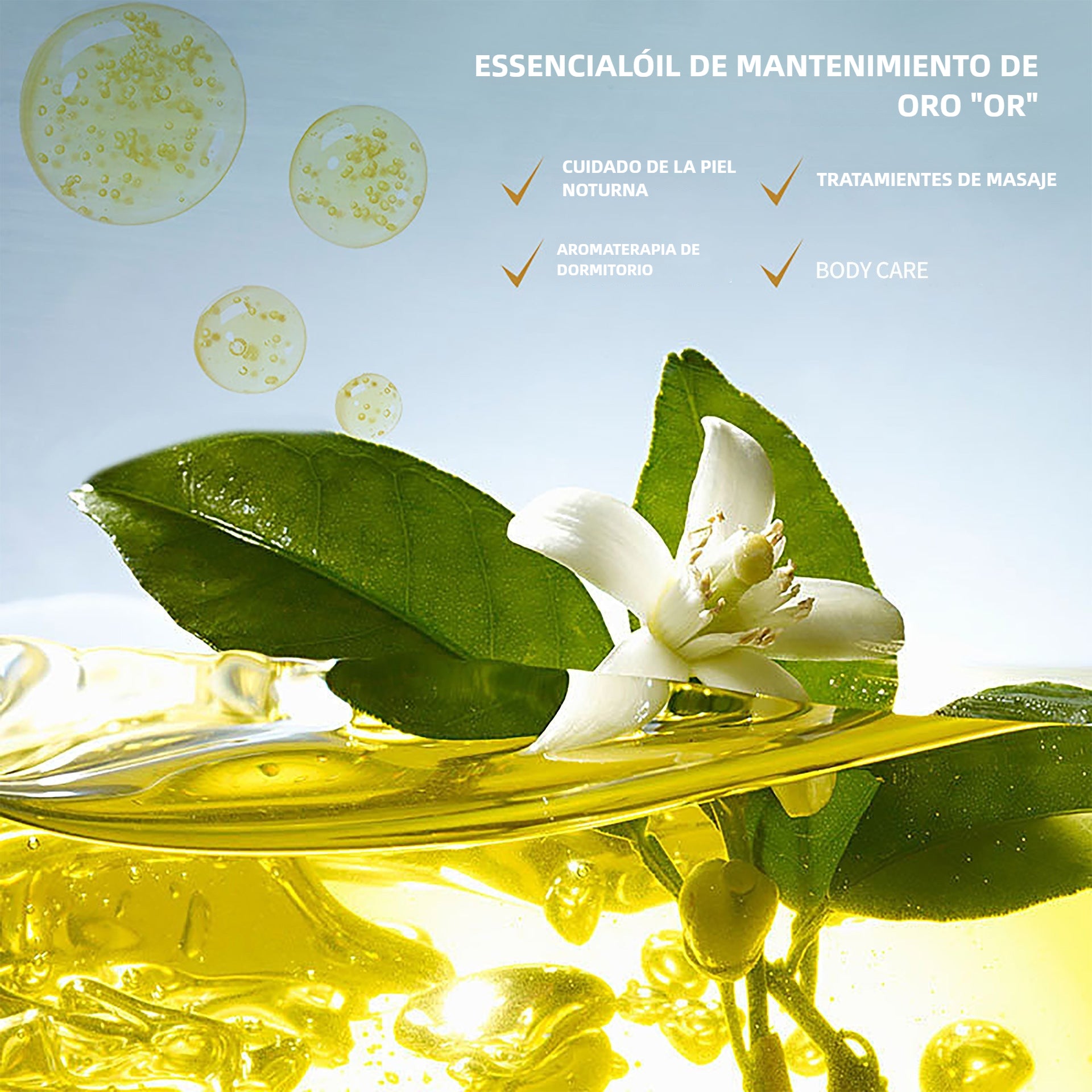 Aceite esencial dorado con flor blanca y hojas verdes, ideal para cuidado corporal nocturno y tratamientos de aromaterapia relajante.