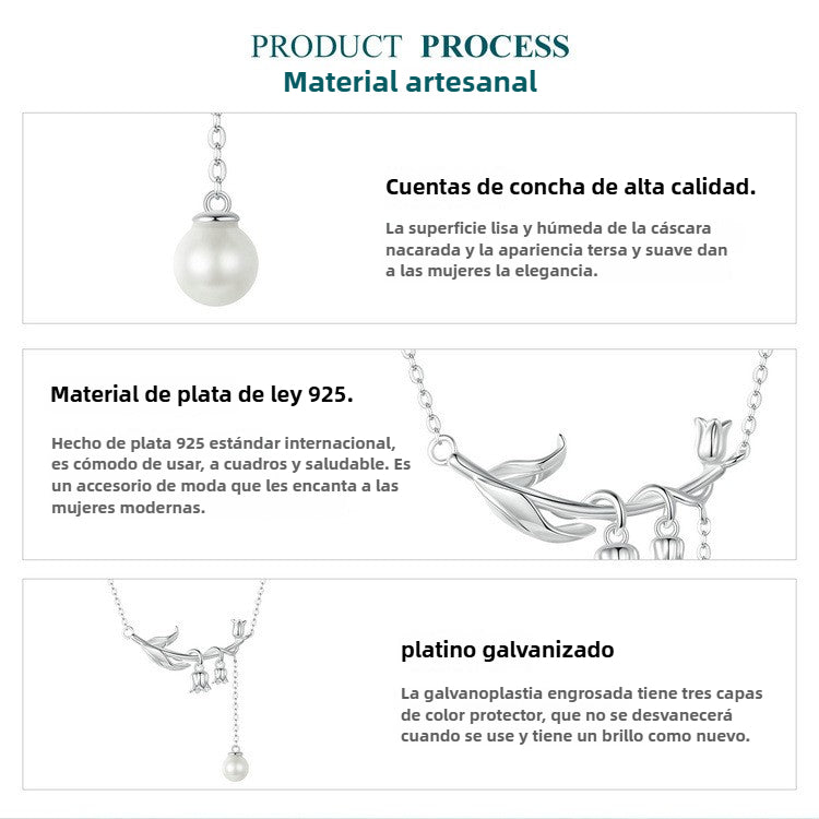 Collar de flores de lirio de los valles con perlas de plata S925: diseño único, collar de clavícula para mujer