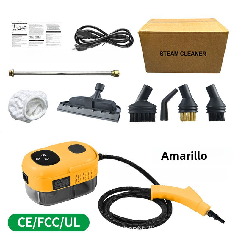 Limpiadora a vapor amarilla con tanque de agua y múltiples cepillos, ideal para desinfección doméstica sin productos químicos agresivos.