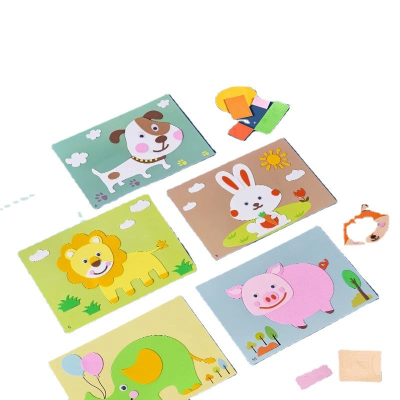 Láminas de animales del kit creativo de arte en EVA 3D para niños, con figuras como perro, conejo, león y cerdito para manualidades.