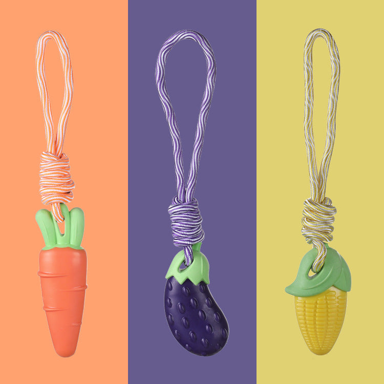 Mordedores sonoros de goma dura para perro con lazo en forma de zanahoria, maíz y berenjena