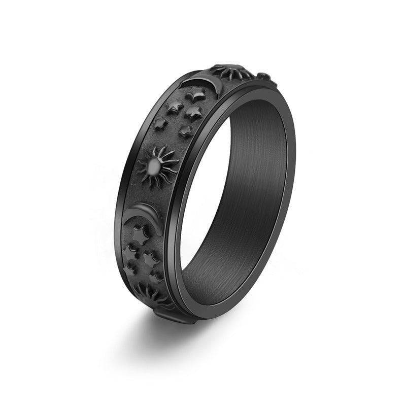 Anillo Antiestrés Grueso Unisex – Sol, Luna y Estrellas en Acero Inoxidable